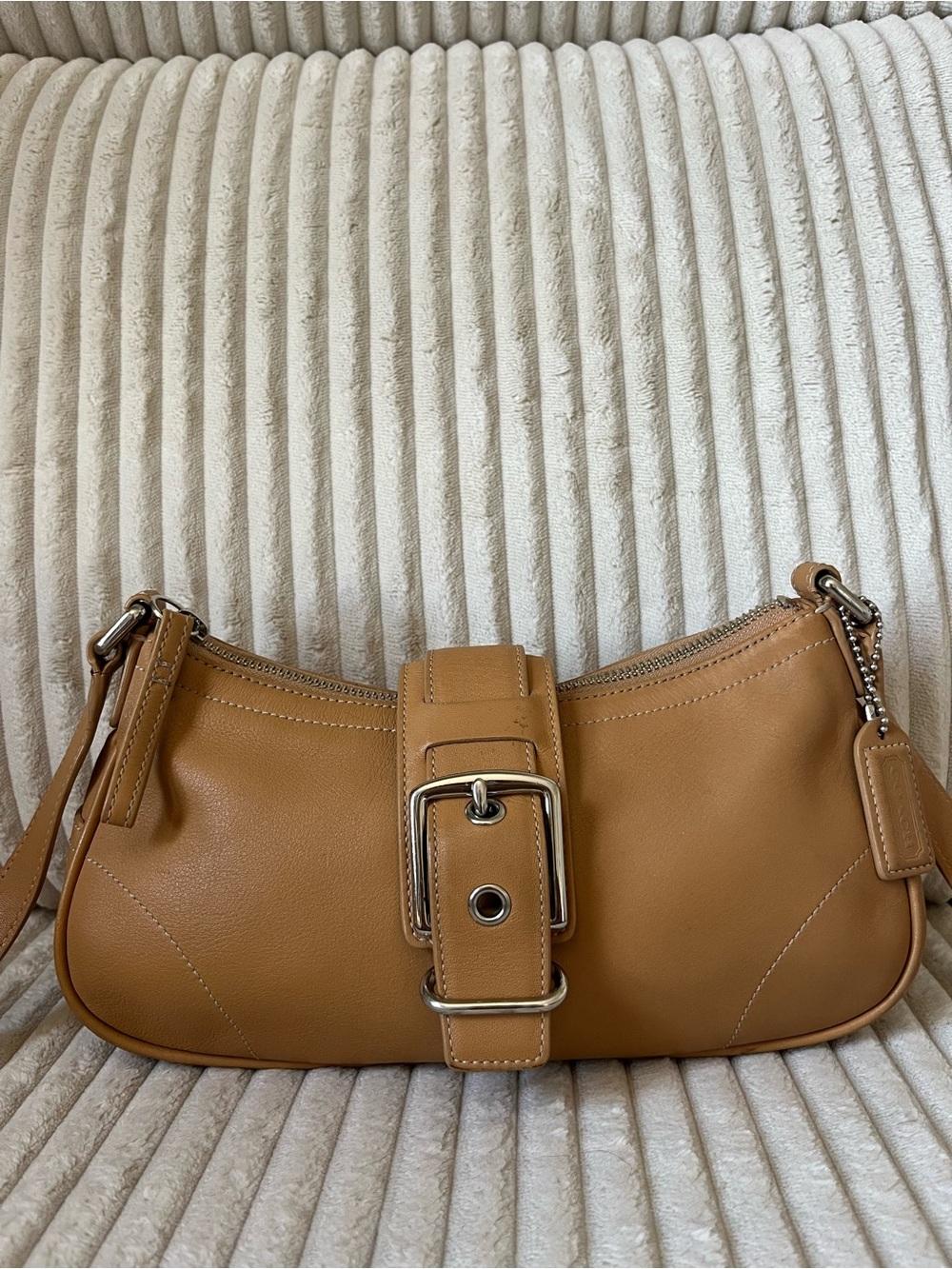 Coach Cognac Leather Shoulder Bag with Buckle Accent